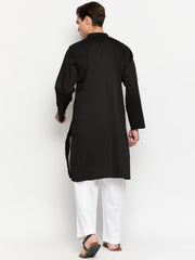 Embroidery Details Black Solid Cotton Kurta Pajama Set For Men