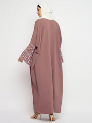Puce Pink Kefiyyeh Comfotable Embroidery Abaya With Black Hijab