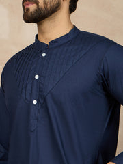 Blue Solid Cotton Pathani Kurta Pajama Set For Men