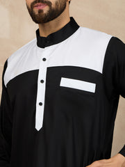 Black Solid Arabic Cotton Thobe For Men with White Piping Detailing