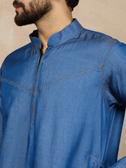 Blue Solid Denim Zip Closure Arabic Jubba / Thobe For Men