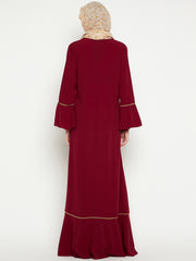 Maroon and Beige Piping Design A-Line Abaya for Women with Black Georgette Hijab