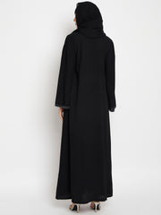 Hand Work Detailing Women Black Solid Luxury Abaya Burqa Paired With Black Hijab