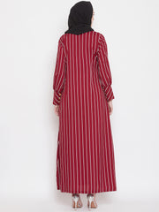 Maroon Stripe Front Open Abaya for Women with Black Georgette Scarf