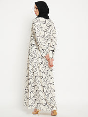 White and Black Printed Front Open Abaya for Women with Black Georgette Scarf