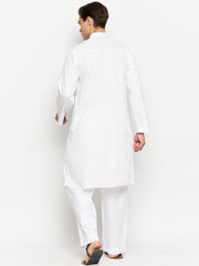 Embroidery Details Mens Solid White Mandarin Kurta