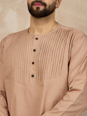 Beige Solid Plate Detailing Cotton Arabic Thobe For Men