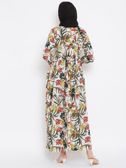 Off White Floral Printed Crepe Abaya Dress with Black Georgette Hijab