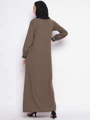 Oat Color Piping Design Abaya for women with Black Georgette Scarf