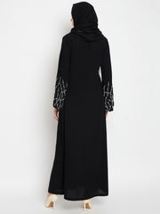 Women's Black Solid Nida Matte Hand-Worked Detailing Luxury Abaya Burqa Paired With Black Hijab