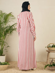 Front Open Striped Printed Abaya with Black Hijab