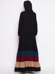 Multi-Colored Front Open Abaya for Women Women with Black Georgette Hijab