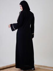 Front Open Embroidered Bell Sleeves Black Abaya Burqa With Black Georgette Hijab