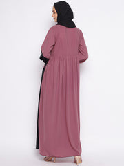 Black and Puce Pink Abaya Dress with Black Georgette Hijab