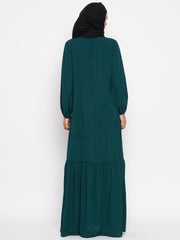 Bottle Green Solid Frill Abaya with Black Georgette Hijab