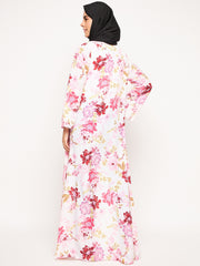 Floral Printed Front Open Shrug with Black Georgette Hijab