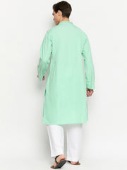 Sea Green Solid Embroidery Details Cotton Men's Kurta Pajama Set