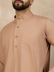 Beige Solid Mandarin Collar Cotton Kurta For Men