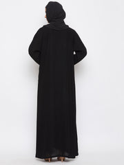 Black Dubai Style Front Open Abaya with Black Georgette Hijab