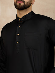 Black Solid Cotton Kurta and White Pajama Set For Men