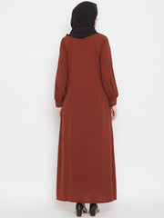 Front Rust Solid Mandarin Collar Abaya Burqa With Black Hijab