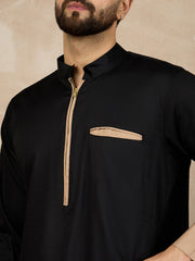 Black Solid Cotton Mandarin Collar Arabic Thobe For Men With Beige Piping