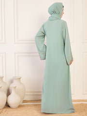 Sea Green Front Open Solid Hand Work Detailing Luxury Abaya Burqa For Women With Matching Hijab