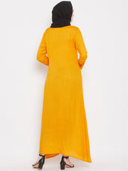 Yellow Rayon Front Open Abaya for Women with Black Georgette Scarf