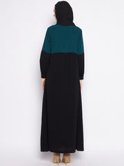 Black and Green Front Open Abaya with Black Georgette Hijab