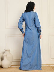 Blue Solid Cuffed Sleeves Denim Abaya Burqa With Black Georgette Hijab