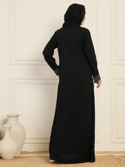 Front-Open Black Solid Collared Abaya with Black Georgette Hijab