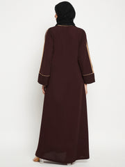 Front Open Solid Women Brown Abaya Burqa With Black Georgette Scarf