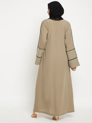 Beige A-Line Black Piping Design Abaya for Women with Black Georgette Hijab