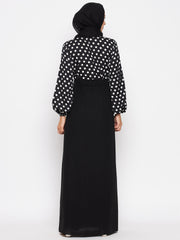 Black and White Polka Printed Crepe Abaya for Women with Black Georgette Hijab