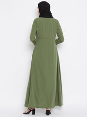 Solid Jade Green Plates Design Abaya Dress with Black Georgette Hijab