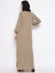 Beige A-Line Abaya with Both Side Black Piping for Women with Black Georgette Hijab