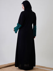 Front Open Kefiyyeh Embroidered Black Abaya Burqa With Black Georgette Hijab