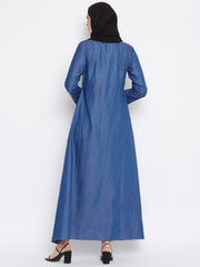 Solid Blue Plates Design Abaya Dress with Black Georgette Hijab