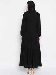 Black Solid Frill Abaya Dress for Women with Black Georgette Scarf