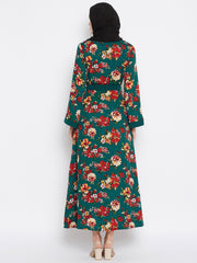 Bottle Green Floral Printed Shrug Attached Casual Abaya for Women With Black Georgette Scarf