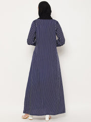 Blue Striped Abaya for Women with Black Georgette Hijab