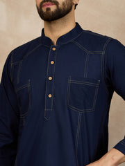 Men's Blue Solid Thread Detailing Cotton Arabic Jubba / Thobe