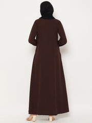 Front Open Brown Solid Mandarin Collar Abaya Burqa With Black Hijab