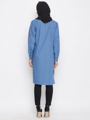 Blue Denim Cotton Solid Tunic Abaya for Women with Black Stole