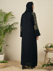 Front Open Black Embroidered Abaya with Black Scarf