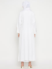 Front Open Rayon Solid White Abaya suitable for Umrah / Hajj with Black Hijab