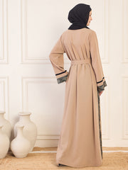 Beige Solid Luxury Hand worked Abaya Burqa for Women with Black Georgette Hijab