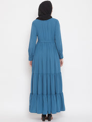 Frilled Sky Blue Abaya Burqa For Women With Belt and Black Hijab