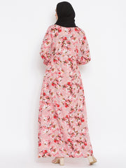 Pink Floral Printed Crepe Abaya Dress with Black Georgette Hijab