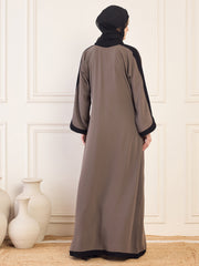 Grey Solid  Black Piping Detailing Aline Abaya Burqa With Black Georgette Hijab